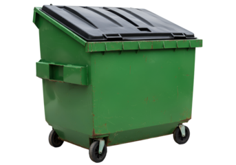 A green dumpster with a black lid stands ready to contain waste, suitable for sanitation or recycling projects.