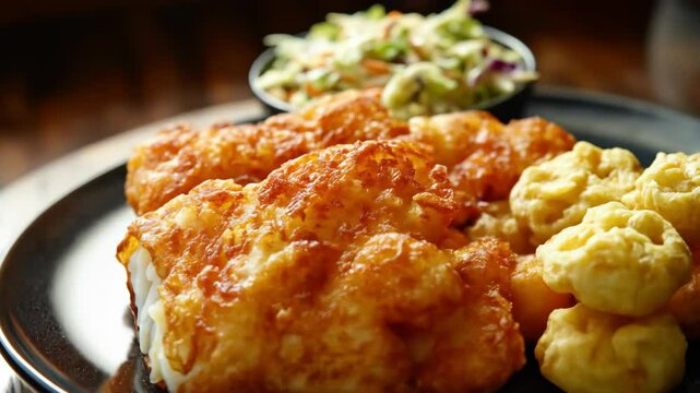 Fish, side dish and salad on dark plate, close-up