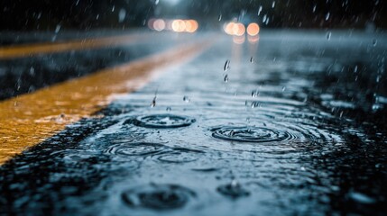 A close-up view of raindrops falling onto a wet road du nighttime, creating ripples and splashes with blurred vehicle headlights in the background