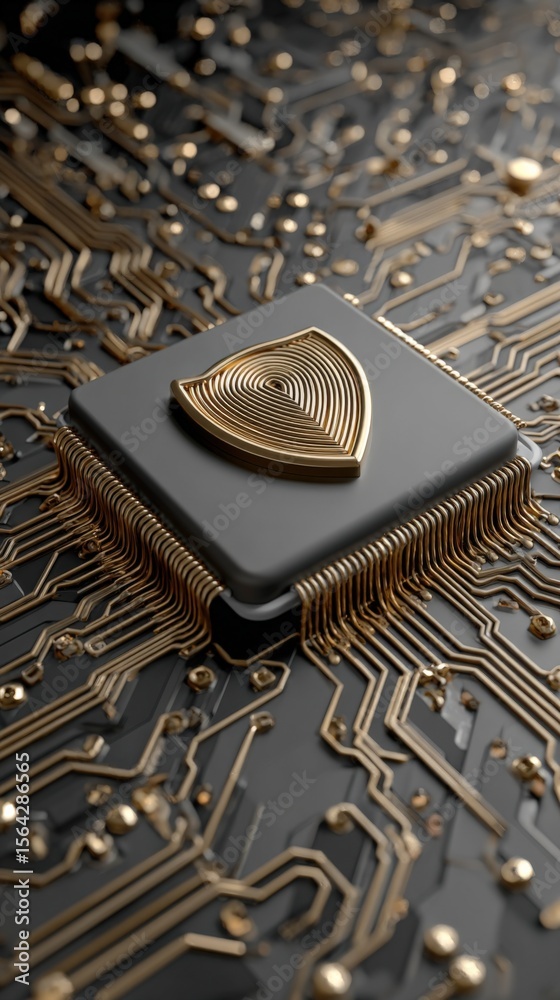 Poster High-tech computer chip with intricate gold circuitry and digital connections on a dark background for technology innovation and electronics design