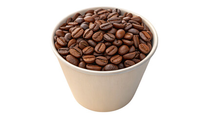 Fototapeta premium A close-up of roasted brown coffee beans in a white cup, isolated on a white background, perfect for a morning drink or espresso