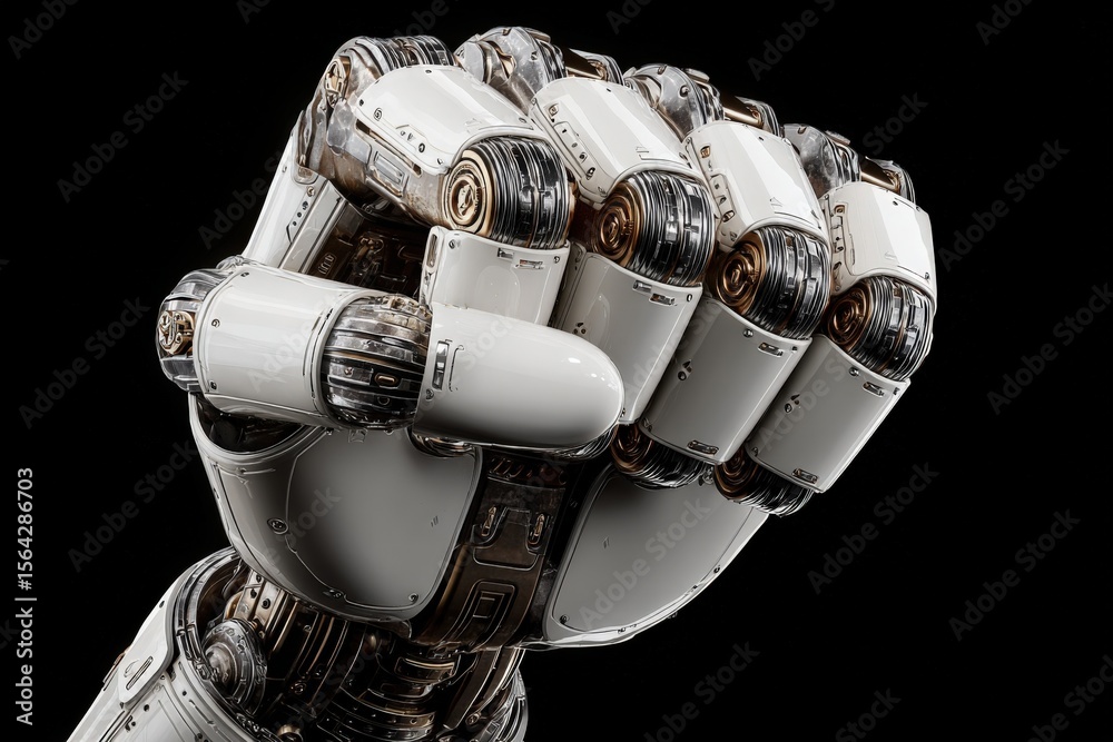 Poster Highly detailed futuristic robotic hand with advanced mechanical joints aerodynamic design and precise control mechanisms isolated on black background