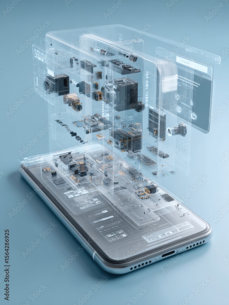 Poster Highly detailed transparent digital hologram display of a modern smartphone with internal components and futuristic interface on a blue background