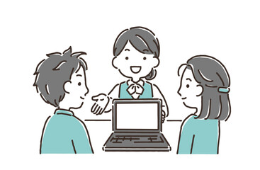 若い夫婦にパソコン画面を見せながら説明をする事務服の女性