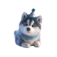 Adorable Husky Puppy Wearing a Birthday Party Hat