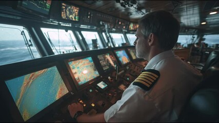 Captain in white shirt with shoulder stripes sitting at the helm, looking out through large windows on an big ship bridge with modern computer screens showing cartography and weather details.