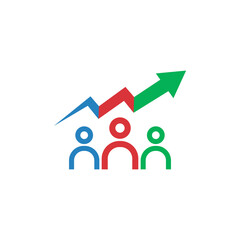 Three stylized figures stand below a rising arrow graph, colored blue, red, and green.