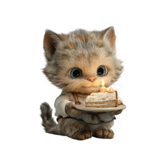 Adorable Kitten with Birthday Cake - 3D Render