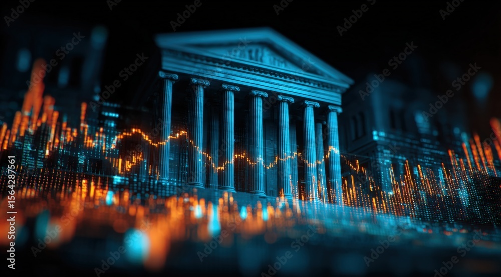 Aufkleber detailed digital illustration of a classical government building with columns illuminated in blue an