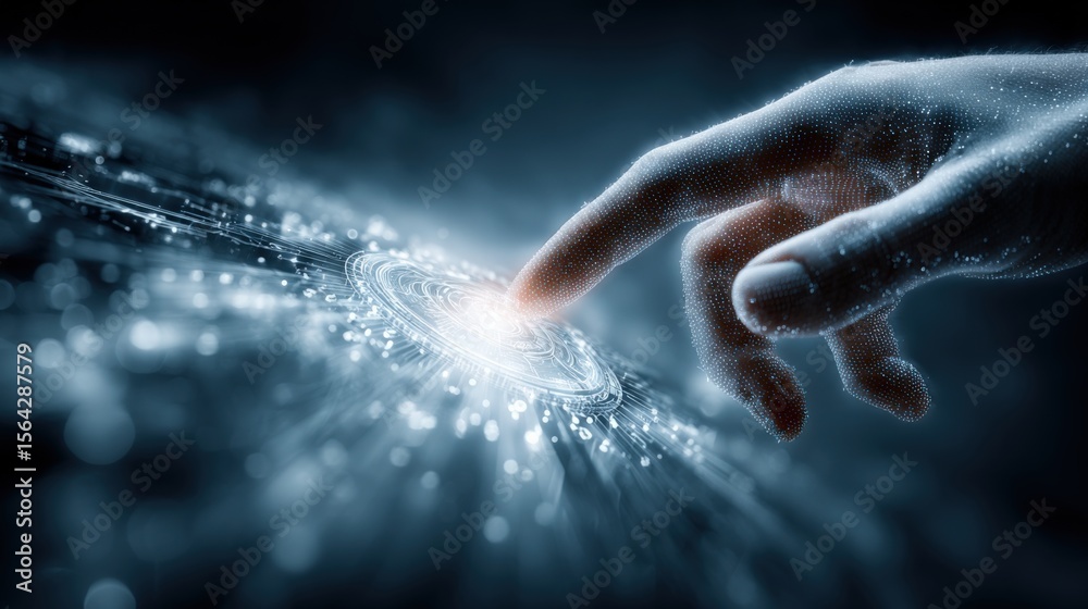 Poster futuristic digital interface with human hand interacting with glowing holographic technology and dat