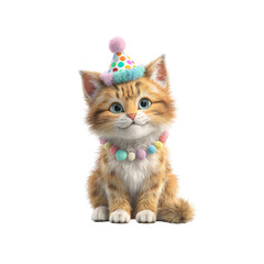 Adorable Ginger Kitten Wearing a Party Hat and Beads