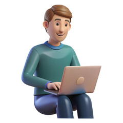 3d character working on laptop isolated on transparent background