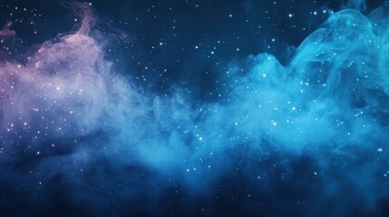 Obraz premium Fantastic smoke background. Magic smoke with glitter and small particles of twinkling stars, fog with luminous particles, blue vapor with stardust. Vector illustration.