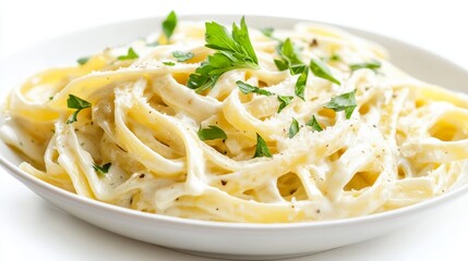 Creamy Alfredo fettuccine pasta topped with fresh herbs isolated