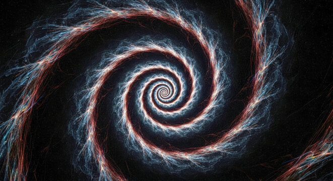 A mesmerizing electric spiral of glowing threads radiates energy across a cosmic void, forming a hypnotic pattern of light and motion in deep space.