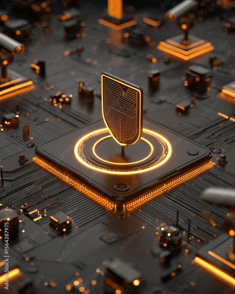 Poster High-tech digital security concept with shield icon on futuristic circuit board illuminated by orange glow for data protection and cybersecurity