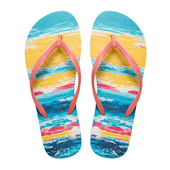 Vibrant pair of beach flip-flops with a colorful tropical pattern stands out against a stark transparent background, evoking summer fun.