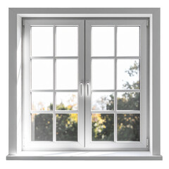 White double-hung window with a view of trees