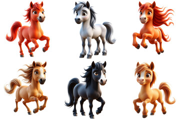 Obraz premium Six colorful cartoon horses running in various poses and styles 