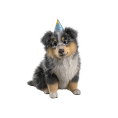 Adorable Blue Merle Australian Shepherd Puppy Wearing a Party Hat