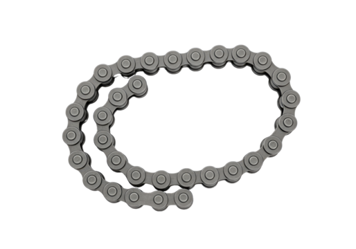 Detailed presentation of a metal bicycle chain with a transparent backdrop, showcasing its construction and mechanical components.