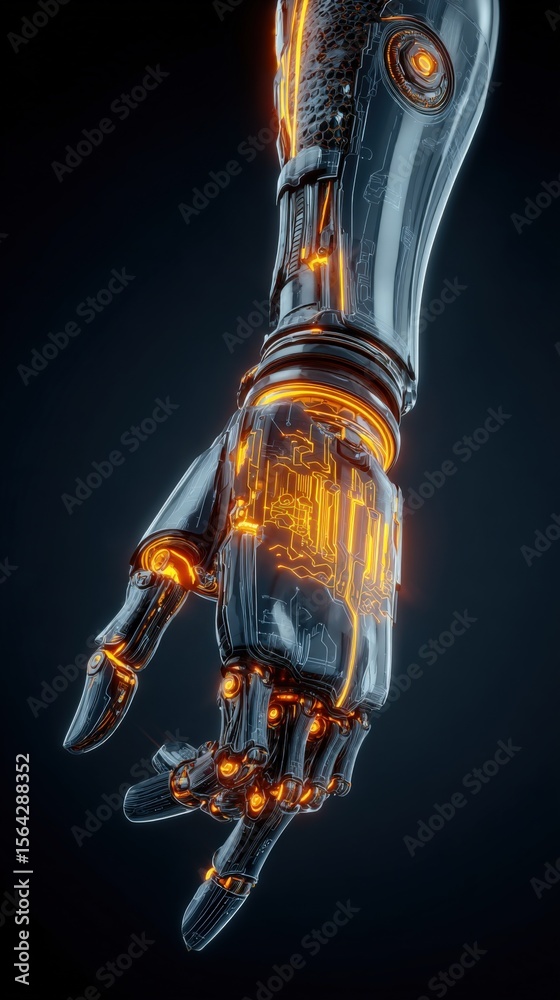 Poster Highly detailed futuristic robotic hand with illuminated circuit patterns and glowing orange accents isolated on dark background