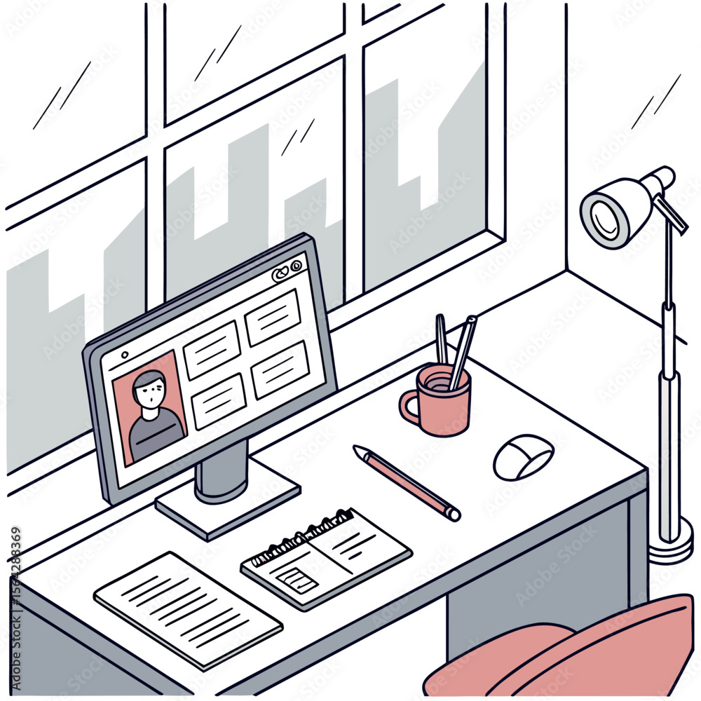 Poster Modern isometric illustration of a clean desk setup with a computer displaying a profile page notebook pen mouse and a desk lamp near a large window with city skyline view