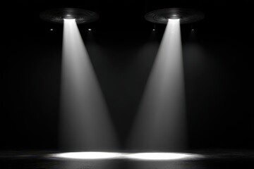 Two spotlights illuminate a dark stage