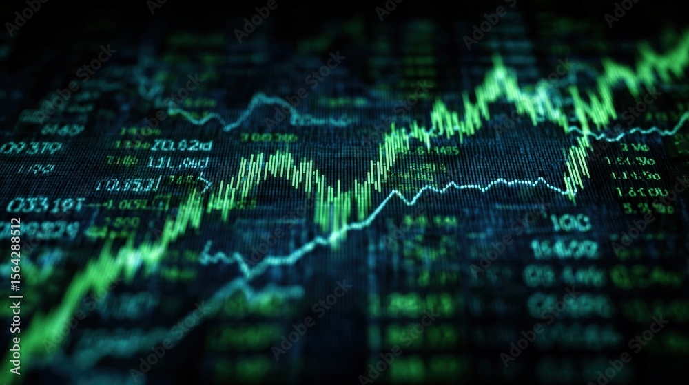 Poster Financial Stock Market Data Chart with Green Line Graphs and Numeric Trends Showing Investment Performance and Market Analysis