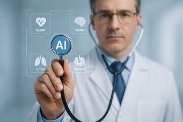 AI Diagnosis: A medical professional examines with a stethoscope, using AI in healthcare, blending technology with human care, in a bright clinic setting.