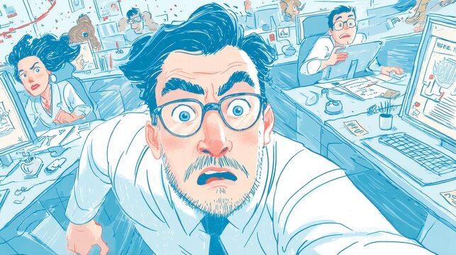 cartoonish drawing of Man felt distressed with computer in the officeman