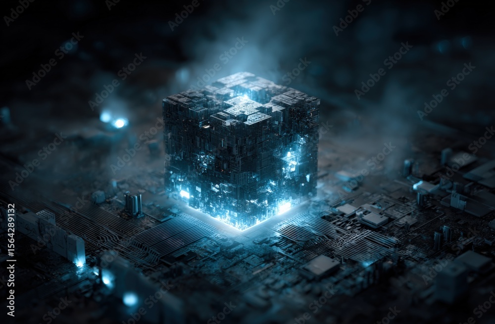Poster Futuristic digital cube emitting glowing light amid a high-tech sci-fi environment with advanced circuitry and dark atmospheric background