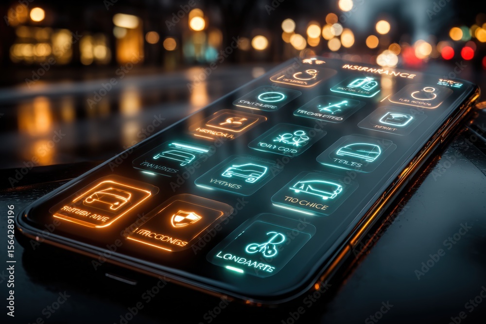 Aufkleber Modern smartphone with illuminated app icons displaying social media messaging navigation and weather on a rainy night in an urban setting