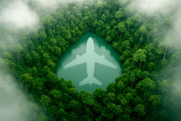 Naklejka premium Airplane reflection in lush jungle lake forest