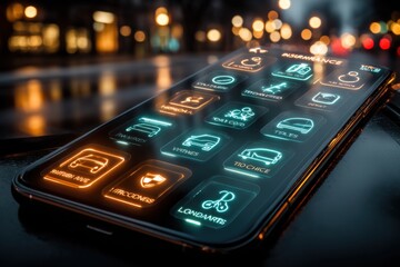 Obraz premium Modern smartphone with illuminated app icons displaying social media messaging navigation and weather on a rainy night in an urban setting