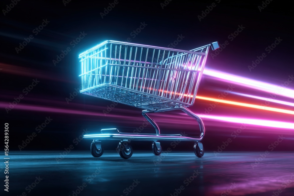 Poster futuristic illuminated shopping cart with glowing neon lines and motion blur effect in a dark backgr