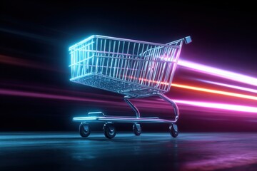 Futuristic illuminated shopping cart with glowing neon lines and motion blur effect in a dark background for modern retail concept