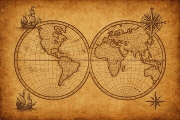 Antique World Map With Sailing Ships And Compass Rose globe