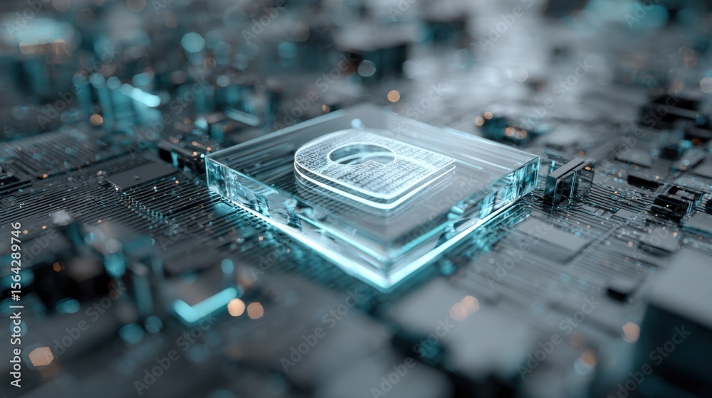 Fototapete Highly Detailed Close-Up of Computer Microprocessor Chip on Circuit Board with Glowing Elements and Digital Technology Theme
