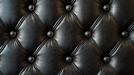 Close-up view of black leather upholstery with button tufting. Background texture. Possible use Background for furniture advertisement