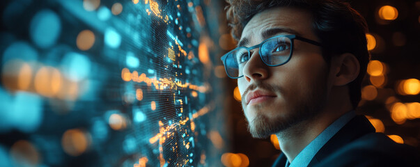 Man wearing glasses looks thoughtfully at digital interface with glowing data points