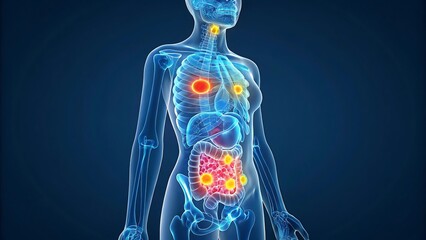 Human anatomy with highlighted organs showing inflammation or disease in the chest and abdomen