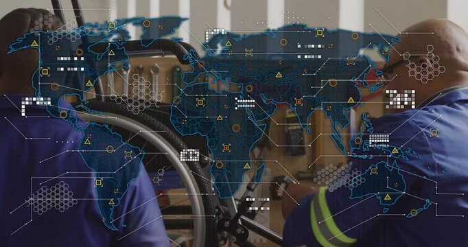 Mechanics repairing wheelchair at workshop as map overlay fading in, drilling axle bolt