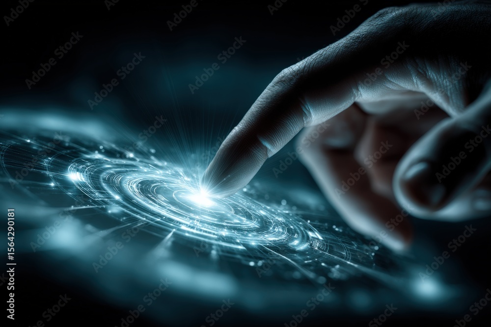 Aufkleber Futuristic digital interface with a human finger interacting with glowing data hologram and digital waves on high-tech touchscreen display