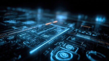 Futuristic digital interface hologram with glowing blue data elements and high-tech transparent screens for technology innovation and cyber security