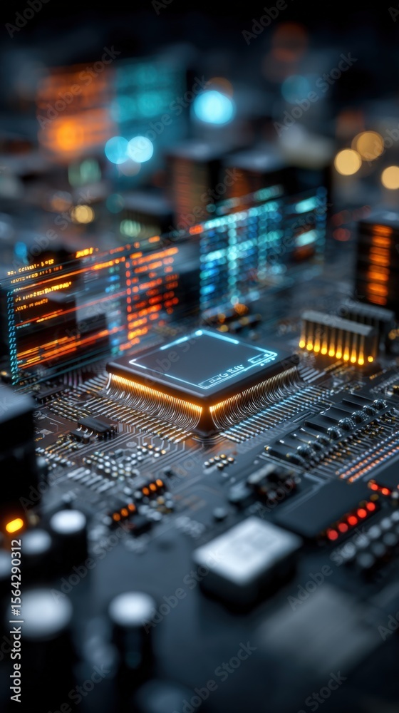 Poster Close-up of a Computer Microchip on a Circuit Board with Blurred Colorful Digital Background for Technology and Electronics Enthusiasts