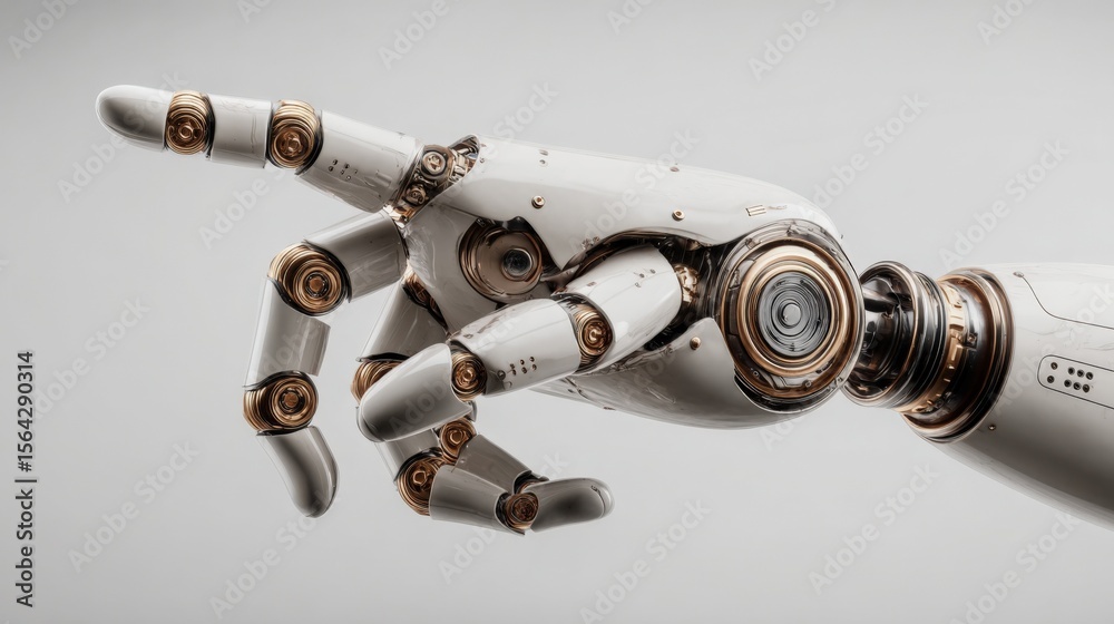 Poster Highly detailed close-up of a futuristic white humanoid robot hand with mechanical joints and intricate design on a plain background