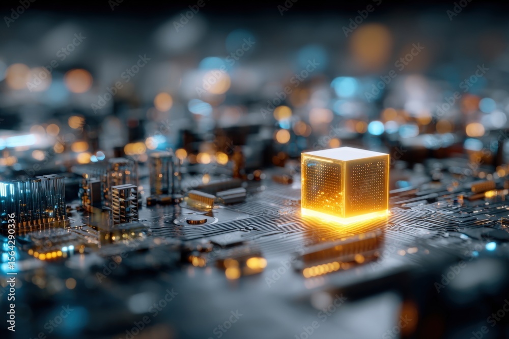Poster Close-up of a glowing gold and black microprocessor chip on a detailed circuit board with illuminated electronic components and intricate wi
