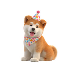 Adorable Akita Puppy in a Birthday Party Hat and Bandana