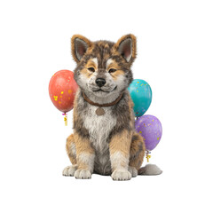 Adorable Akita Puppy with Colorful Balloons for Birthday Celebration